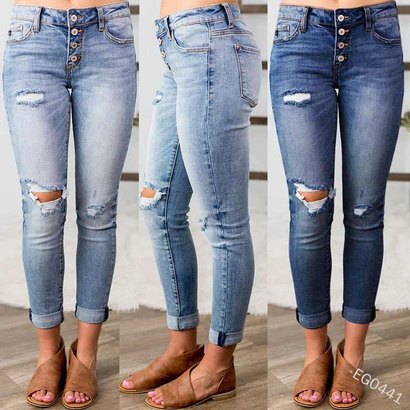 

Mandylandy Jeans Summer Fashion Mid Waist Button Pocket Denim Pencil Pants Women's Casual Solid Color Ripped Jeans