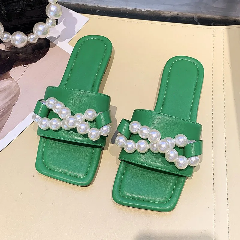 

Women Square Toe Slippers Female String Bead Solid Outdoor Comfortable Shoes Ladies Fashion Summer Leisure Sandals 2021 New