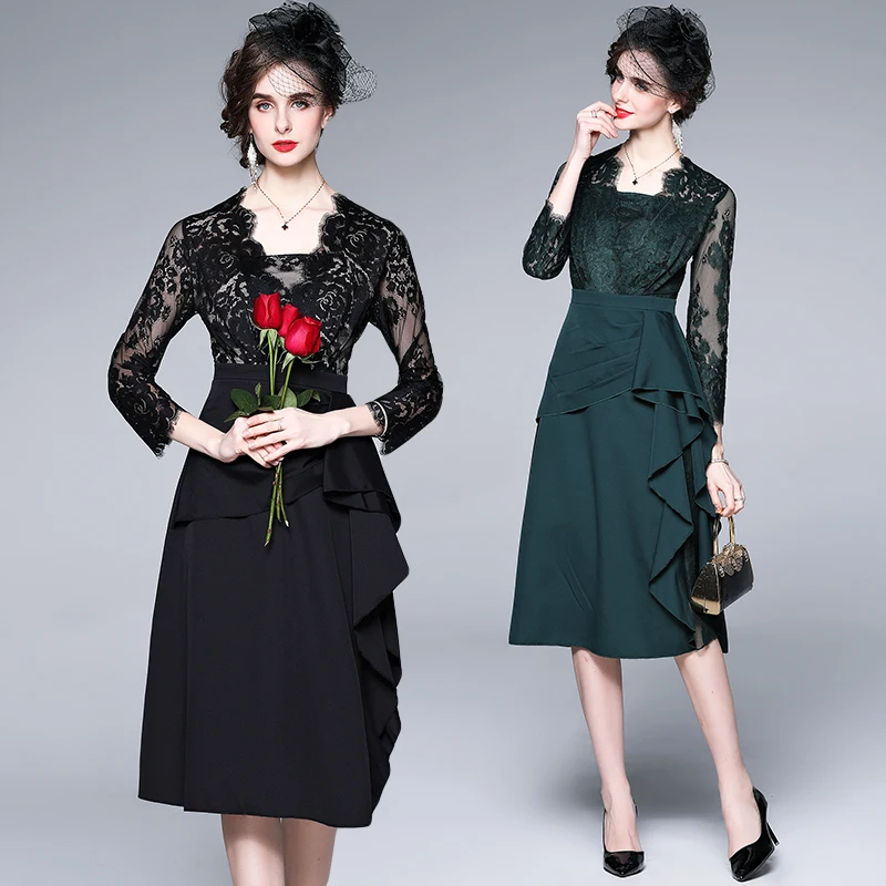 

Simgent Ladies Dresses 2021 Spring Lace Patchwork Drapped Ruffle Elegant Vintage Retro Feminine Dress Dark Green Black SG101137