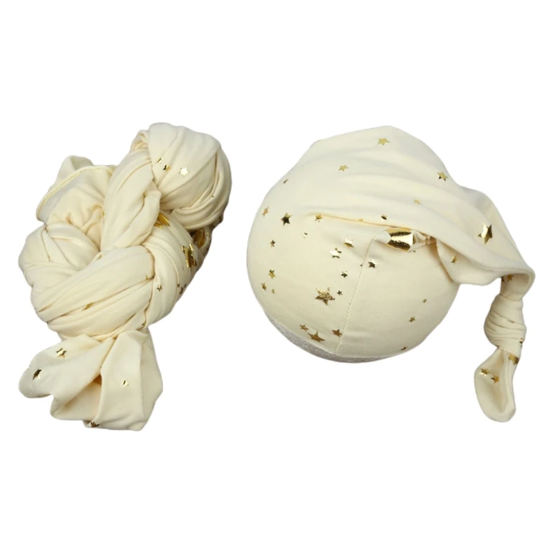 

2 Pcs Baby Receiving Blanket+Beanie Cap Set Infants Swaddle Wrap Tail Knot Hat L5YF