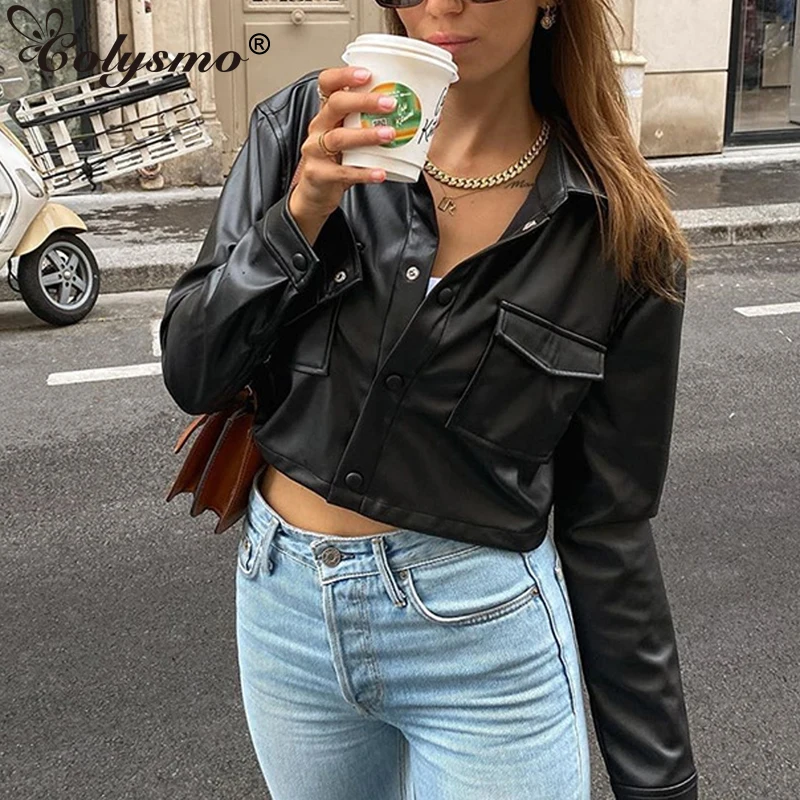 

Colysmo Button up Shirt Women PU Leather Single Breasted Notched Loose Long Sleeve Top Black Crop Blouse Chic Autumn Streetwear