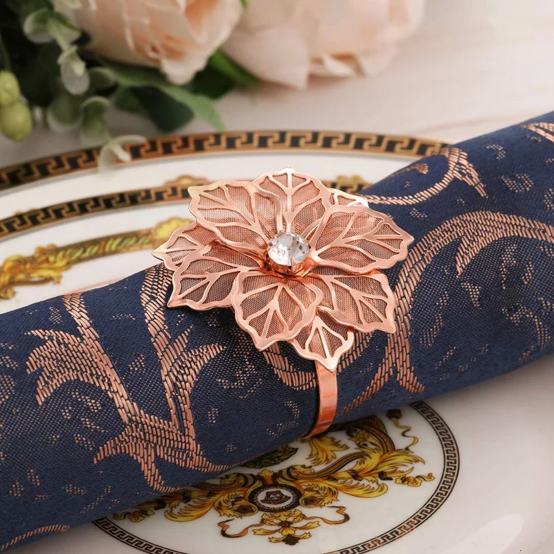 

12PCS Napkin Rings with Hollow Flower Adornment Exquisite Rhinestone Napkins Rings Set for Wedding Banquet Dinner Decor