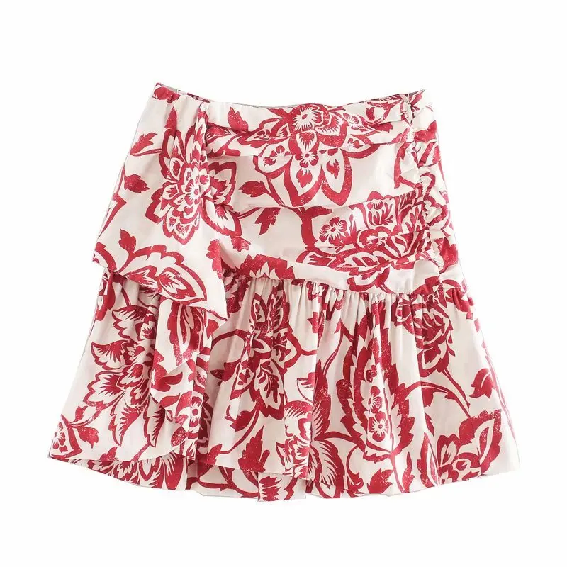 

2020 Women sweet tropical flower print pleated mini skirt faldas mujer ladies casual slim side zipper ruffles skirts QUN561