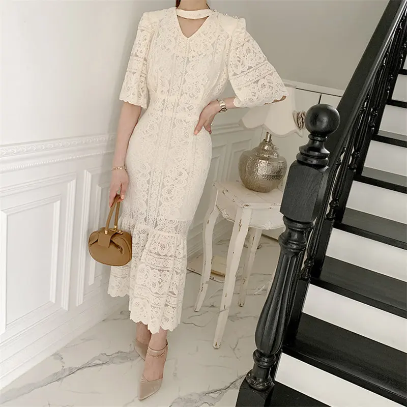 

Comelsexy Streetwear Femme OL Sweet Mermaid 2021 Vintage Lace Slim Trumpets Retro Sexy New All Match Long Dresses Vestidos