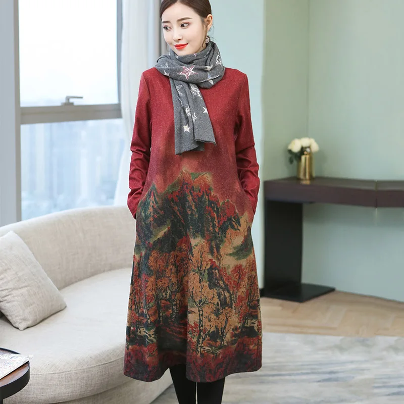 Женское свободное шерстяное платье с принтом теплое толстое большого размера