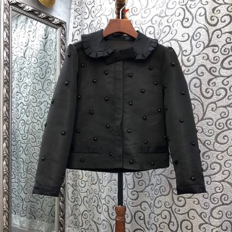 

Autumn Fashin 2021 Designer Coat Jacket High Quality Cotton Women Peter Pan Collar Hand Made Beading Deco Long Sleeve Tops Coat
