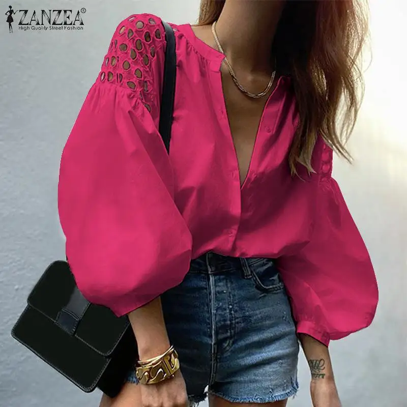 

Женская винтажная блузка оверсайз, офисная блузка с пышными рукавами, топы на пуговицах, повседневная однотонная Лоскутная Блузка с выреза...