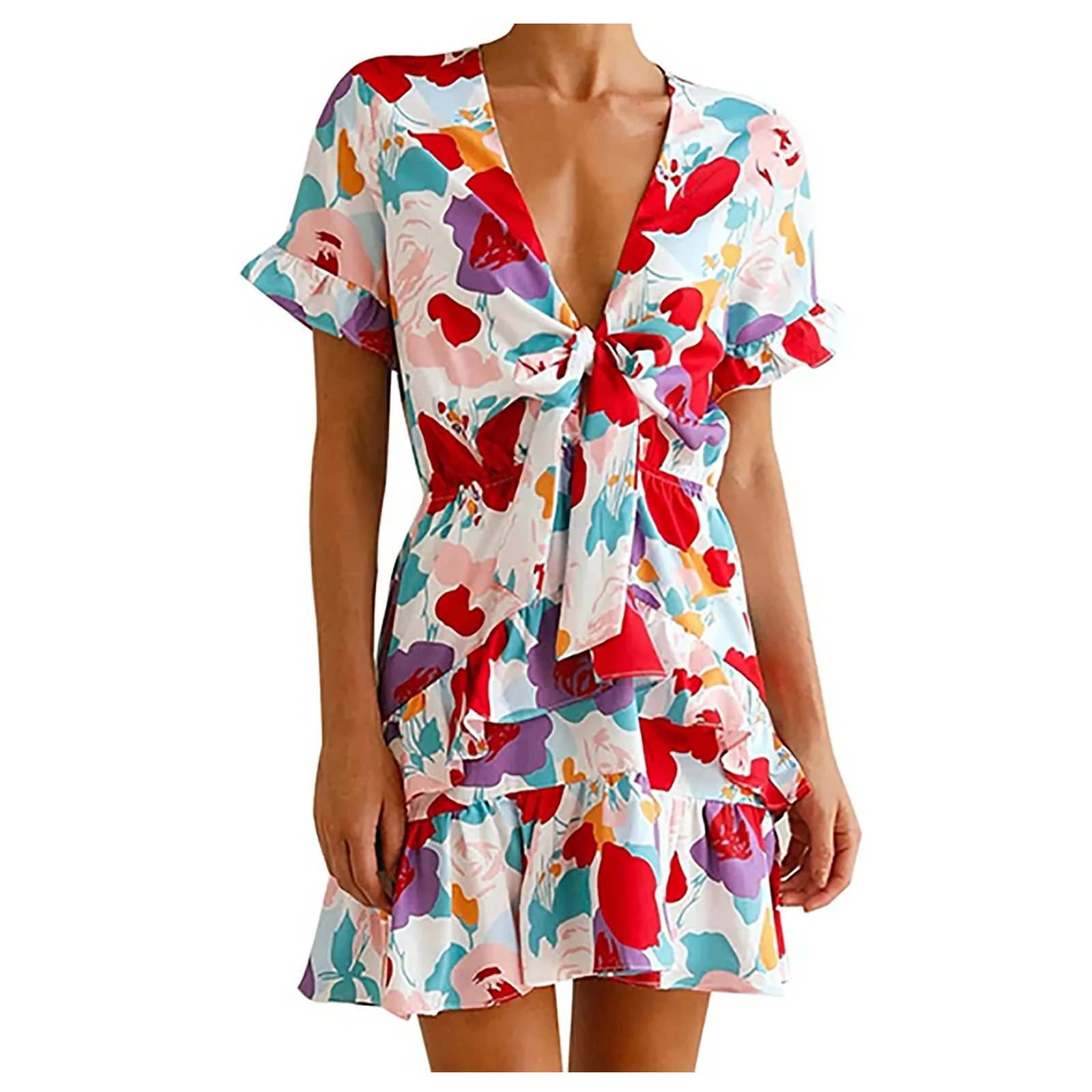 

2021 Women's High Quality Dress Fashion V-neck Lace Bowknot Short Sleeve Print Patchwork Ruffle Dress Hot Sale Платья Для Женщин