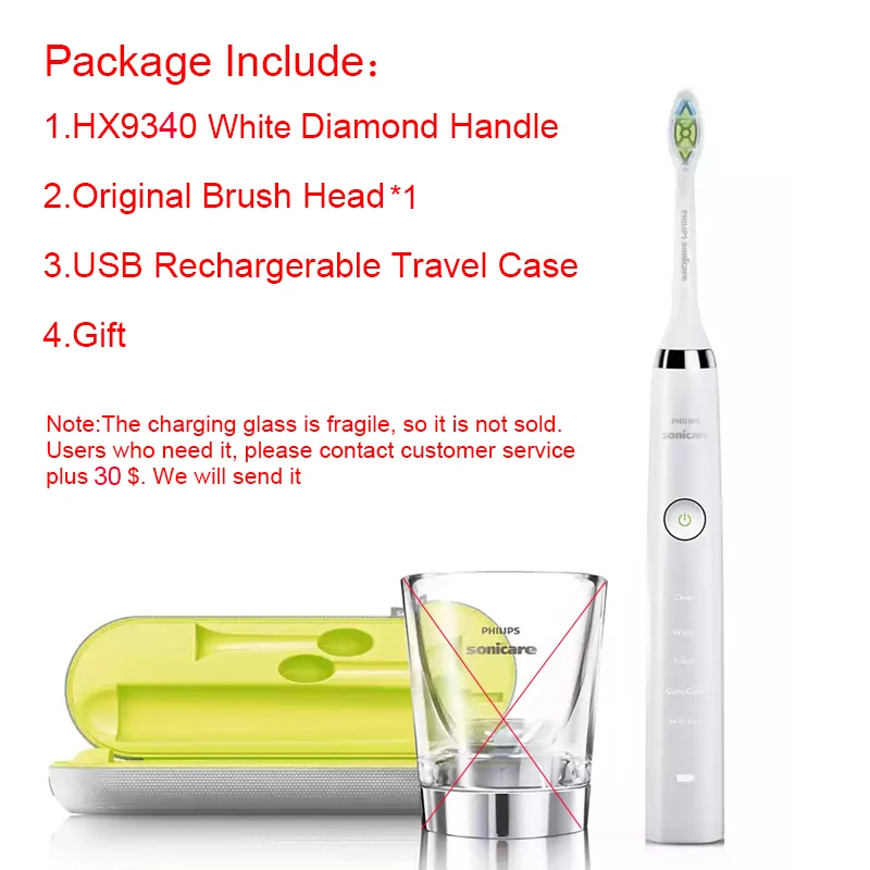 

Philips Sonicare Tooth Brush HX9340 Sonic Quality Electric Toothbrush Diamond Clean White 360 Wave with USB Travel Charger
