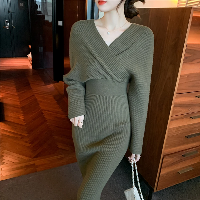 

Women'S Autumn Winter Warm Sweater Dress Femme New Fashion Sexy V-Neck Backless Bag Hip Hanbok Vintage Temperament Knitted Dress