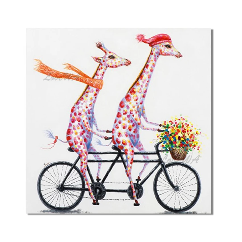 

Hand Painted Giraffe Ride Bike Oil Painting Animal Pet Art Wall Hanging Wall Art Canvas Paintings Pieces For Kids Room Decor