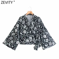 zevity women vintage cross v neck floral print bow tied slim blouses ladies chic flare sleeve kimono shirts blusas tops ls9717
