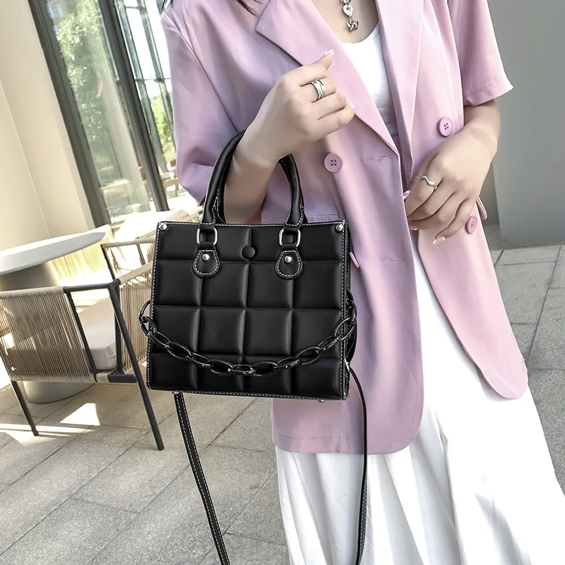 

Lattice Square Crossbody Bag 2021 High Quality PU Leather Women Designer Acrylic Chain Handbag Large Capacity Shoulder Bag Tote
