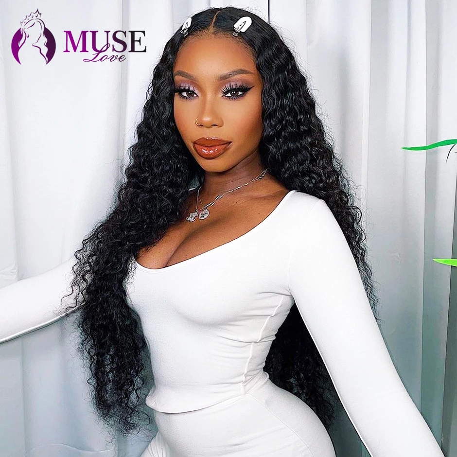 MUSE LOVE Brazilian Water Wave Frontal Wig 13x4 HD Transparent Lace Front Wig 180% Deep Curly Weave Human Hair Wigs For Women