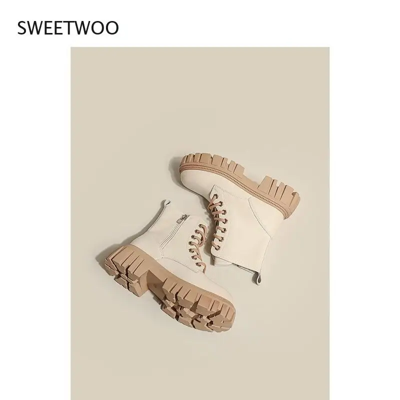 Short boots middle calf black and blue women 2021 autumn and winter thick bottom British style rock women's shoes designer