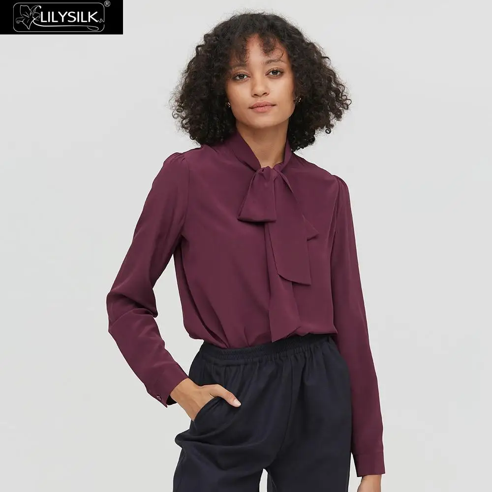 Dark Burgundy LilySilk Блузка шелковая с галстуком-бабочкой на шее Классическая Женская Новинка - Цвет: Dark Burgundy