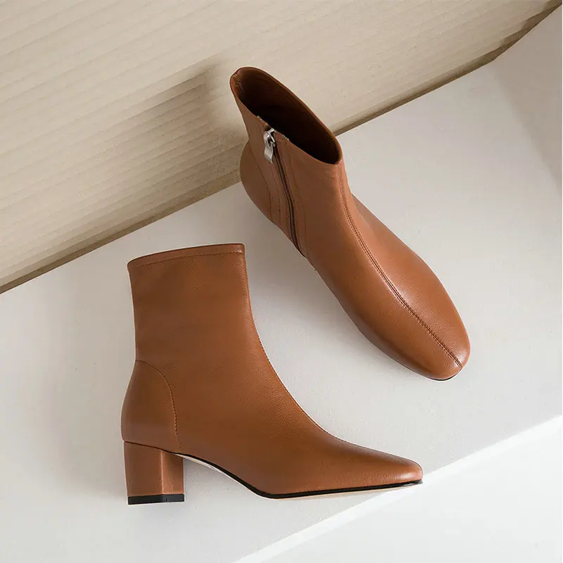 

Fashion Side Zipper Women's Ankle Boots Genuine Leather Concise Thick Heels Shoes 2021 Winter Party Basic Design Shoes Woman