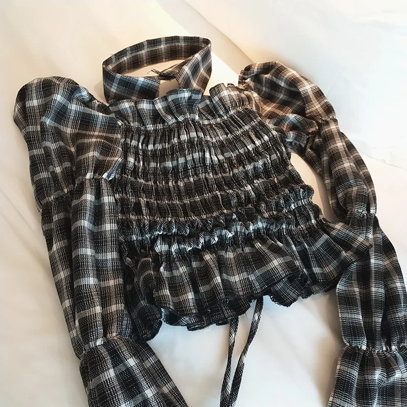 Ruibbit панк Харадзюку Тонкая Клетчатая рубашка Модные женские Топы с длинным