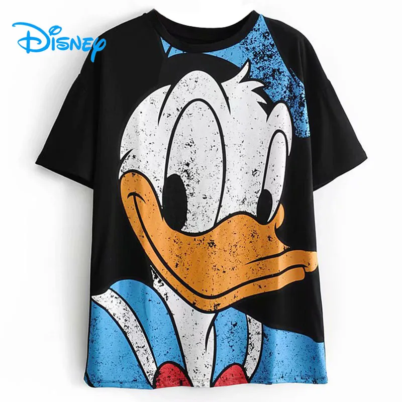 

Disney Women Donald Duck T-Shirt Summer Loose Casual Cartoon Long T shirt O-Neck Short Sleeve Streetwear Women Tee Tops Black