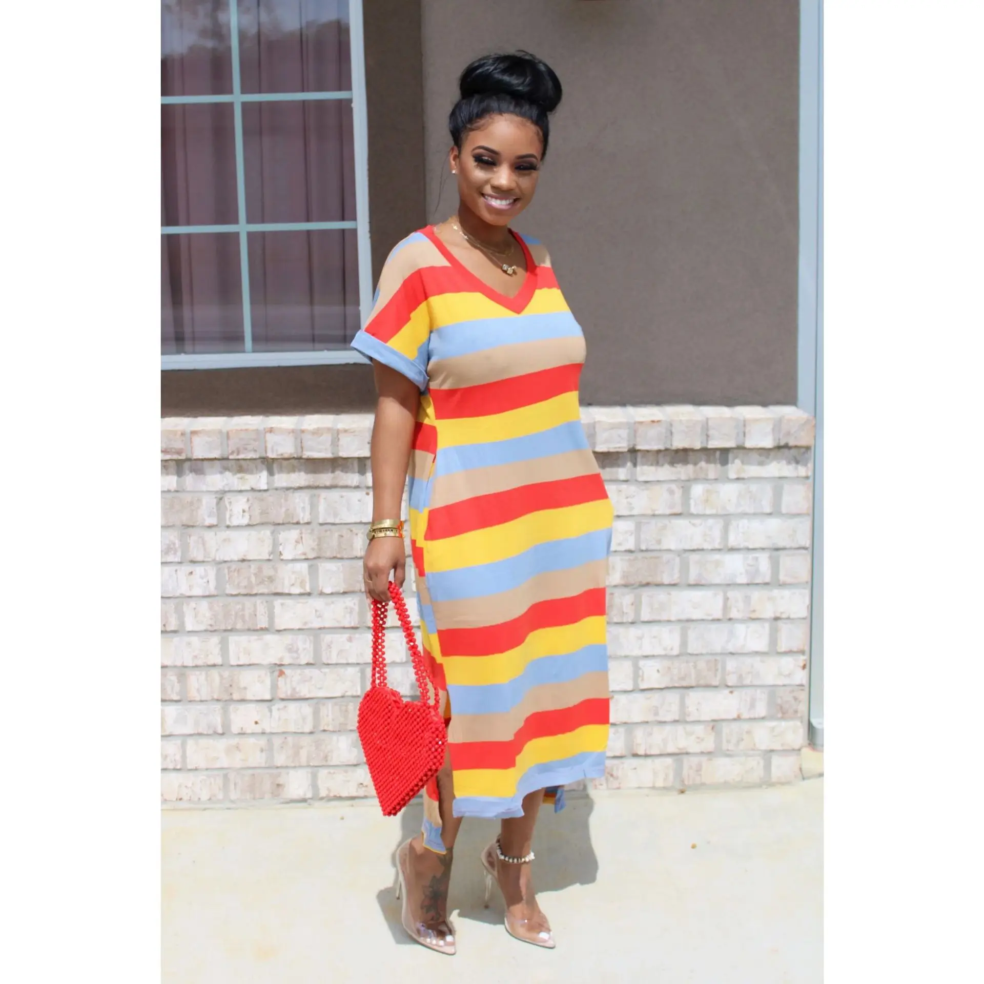 

Chocomist Dresses Casual Striped Print V-nack Women Midi Dress H111