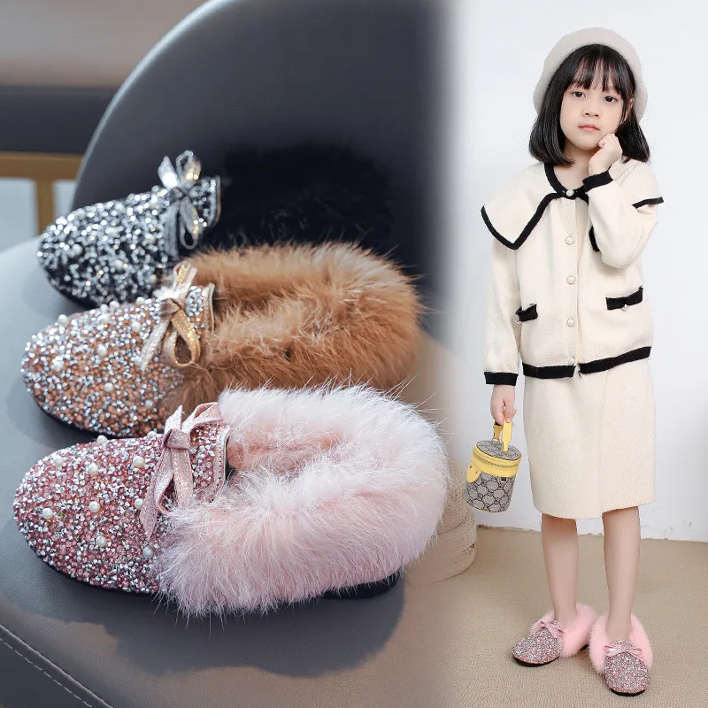 

Miqieer 2020 Winter New Girls Fur Cotton Shoes Princess Glitter Sequins Kids Party Shoes Soft Warm Non-slip Children Footwear