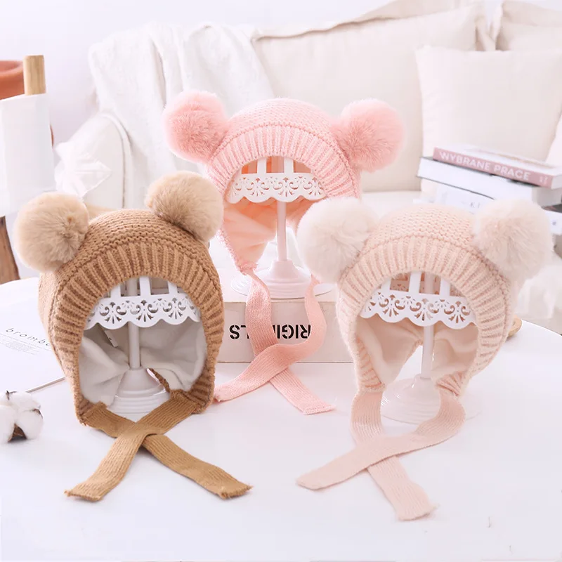 

Winter Knitted Warm Baby Hat Cute Double Pompom Infant Baby Boy Girl Cap Ear Protection Hats Kids Children Beanie