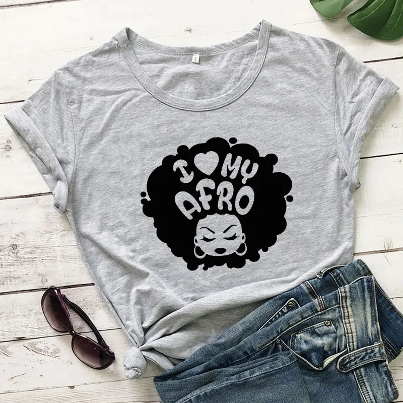 Футболка женская черная Феминистская с надписью I Love My афро |