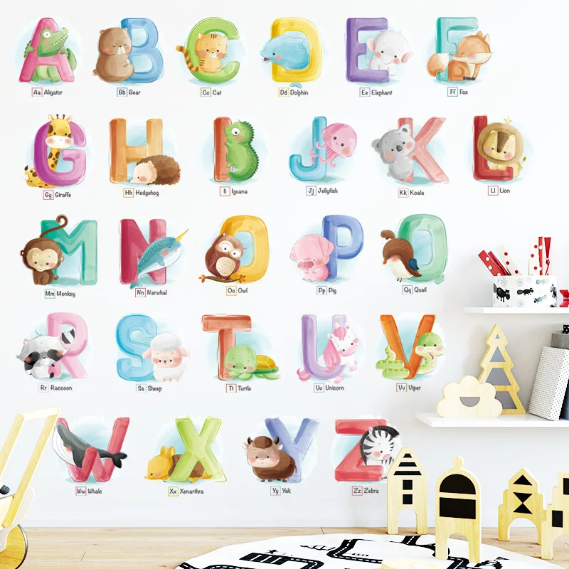 

Cartoon Animal English Alphabet Wall Stickers Home Decoration Nursery Living Children's Room Bedroom Self-adhesive Vinyl Decal