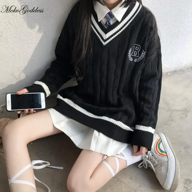 

2021 новая японская Униформа JK для колледжа с V-образным вырезом базовый однотонный пуловер с вышивкой вязаный кардиган свитер зимняя одежда