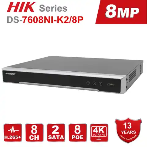 Видеорегистратор Hikvision POE NVR 4K, 8 Мп, 8 каналов, встроенный Plug & Play, 4K, 2 интерфейса SATA Max, 12 ТБ, 8 портов POE, H.265