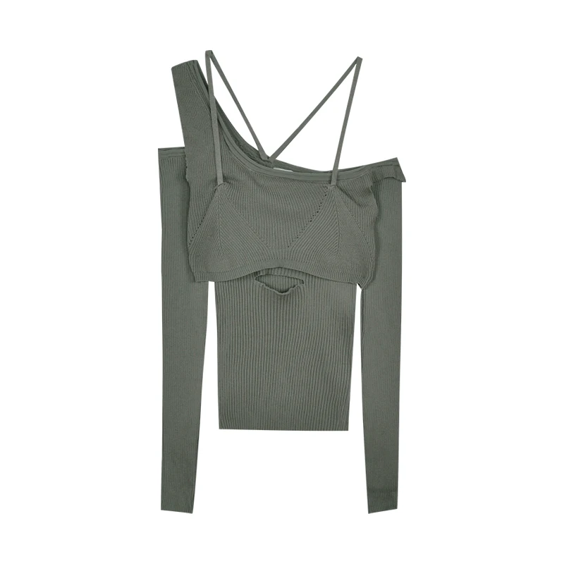 

Fake Two-piece Hollow Knitted Sweater Bottoming Shirt Women's Autumn New Pink Sexy Strapless Tight-fitting Long-sleeved Top