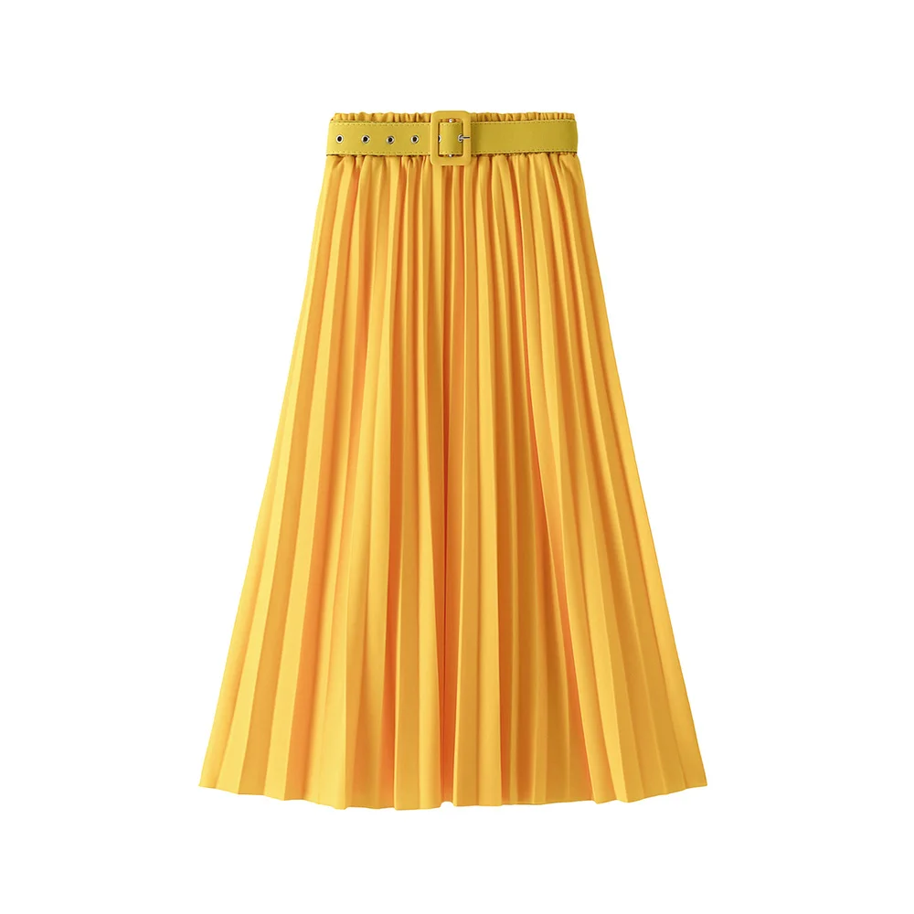 

Elegant Women Pleated Skirt Solid Color High Waist Long Elastic Head Skirt With Belt For Autumn Winter Midi Skirt Casual