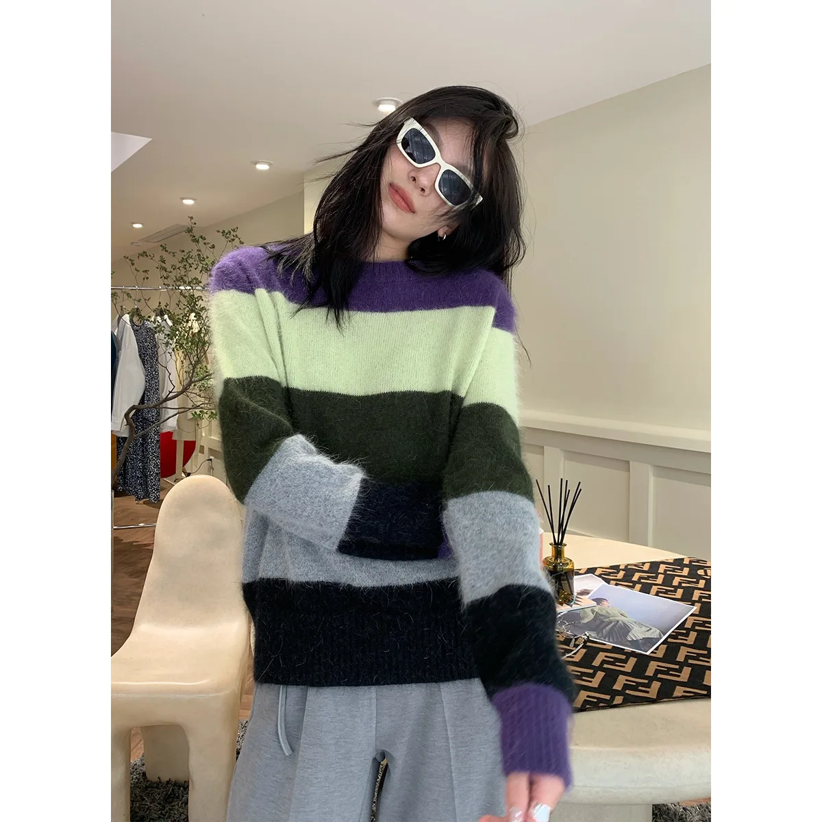 

Women Sweater Contrast Color Striped Pullovers 2021 Autumn New Product Contrast Color Loose Round Neck Korean Top