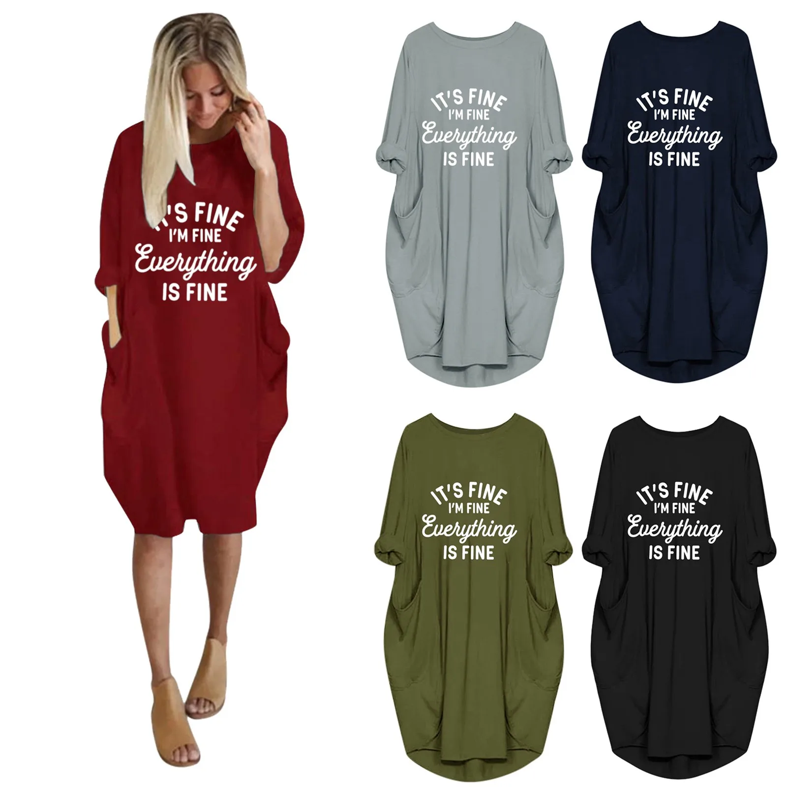 

Summer Autumn Casual Women Jumper Ladies Oversized Baggy Long Sleeve Pocket Mini Dress Leisure Letter Printing T-shirt Dress