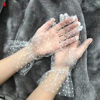 new 1 pair women short tulle gloves stretchy lace spots full finger mittens mesh lace gloves white black dot weeding gloves