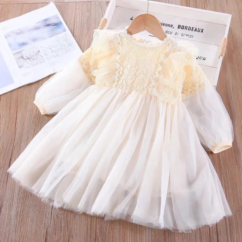 Весенне-осеннее платье для девочек с кружевным воротником платья принцессы