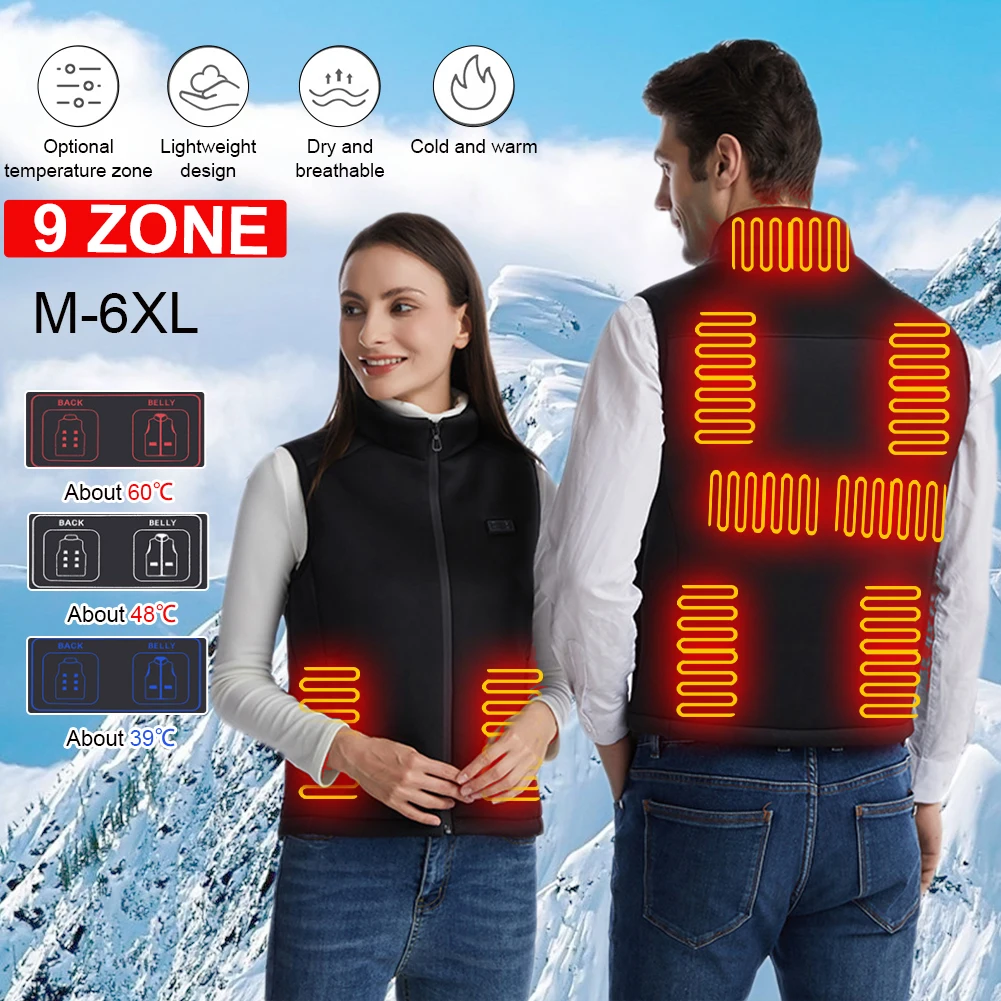 

9 Areas Heated Vest Dual Control 3 Temperature Setting Electric Winter Warm Thermal Vest for Outdoor Sports Ladies Men's vest