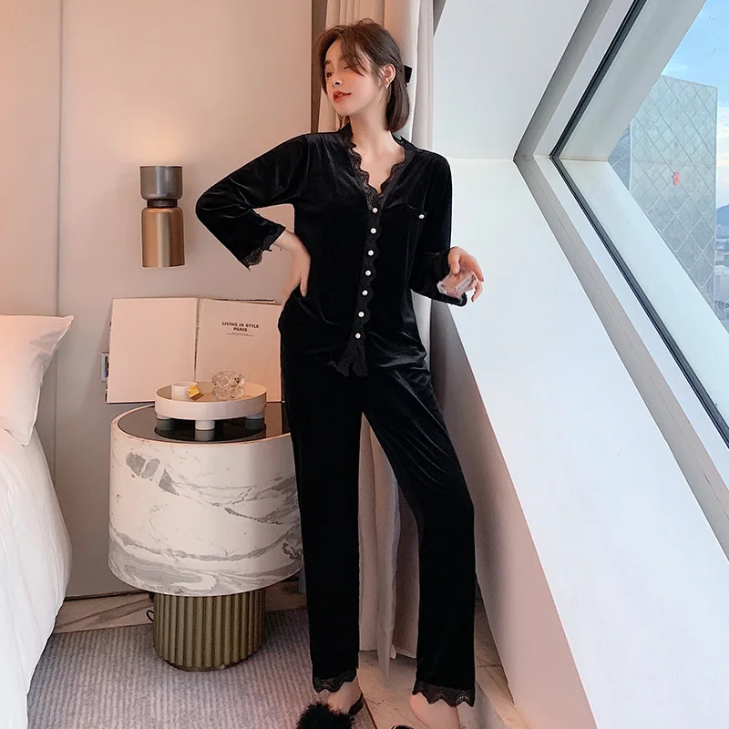 

Women Sleepwear Velvet Lounge Wear Autumn New Pajamas Set 2PCS Shirt&Pants Casual Nightwear Home Clothes Loose Intimate Lingerie