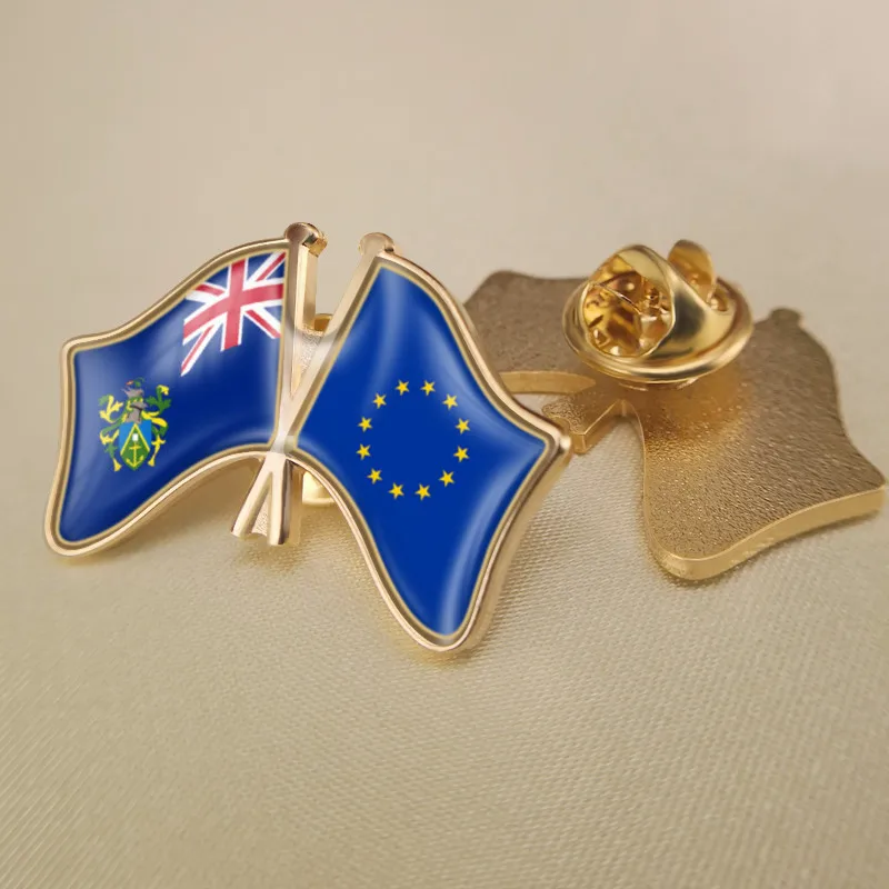 

European Union and Pitcairn Islands Crossed Double Friendship Flags Brooch Badges Lapel Pins