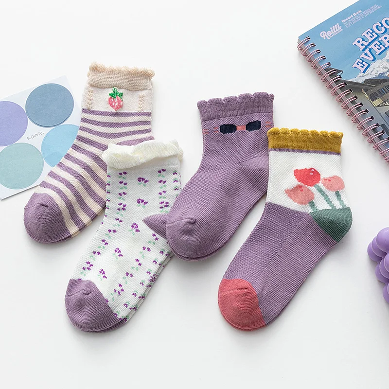 

Носки для маленьких девочек летние хлопковые дышащие фиолетовые короткие носки для девочек комплект из тонкой сетчатой ткани до щиколотки ...