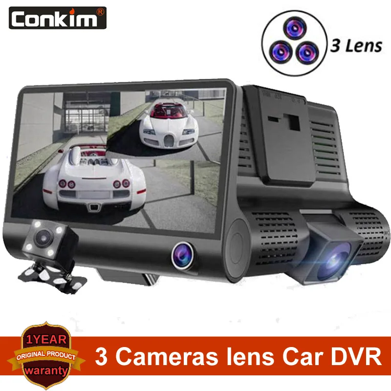 Автомобильный видеорегистратор Conkim DVR с тремя камерами: передняя/внутренняя/задняя, с экраном 4,0 дюйма и записью видео в Full HD 1080P.