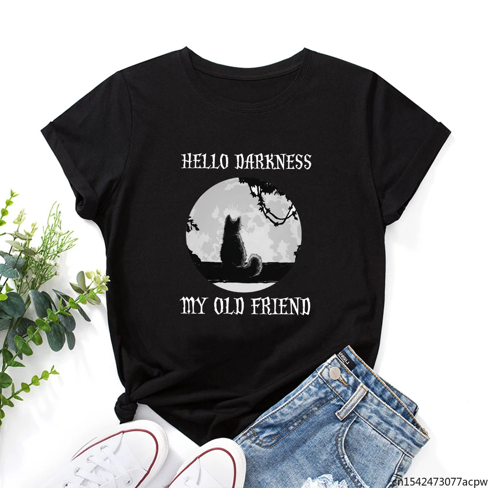 

Short Sleeve Women T-Shirt Funny Moon Cat Graphic Tees Female Shirt Summer Oversize Tops Hello Darkness My Old Friend