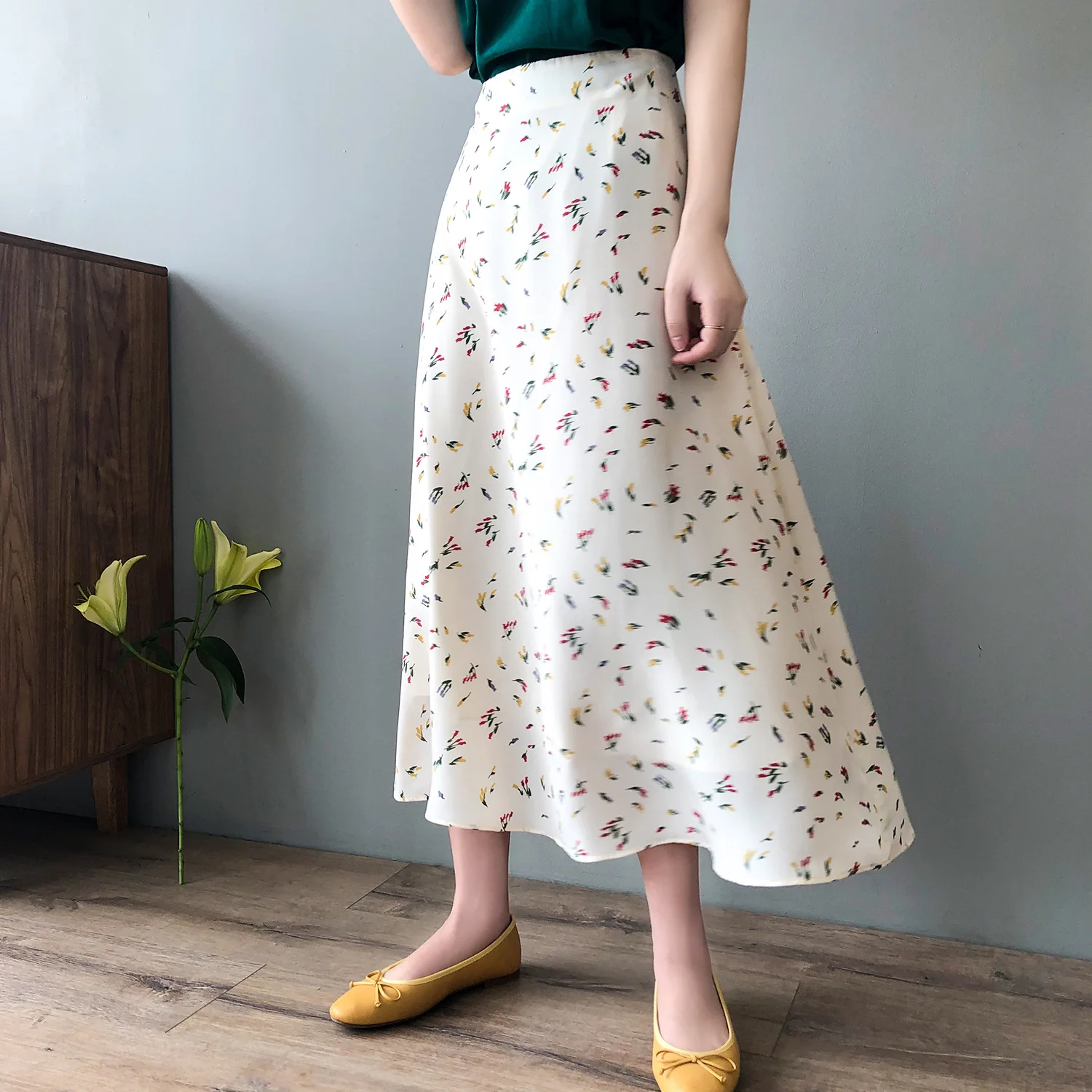

Spring Floral Chiffon Skirt Female 2021 New Korean High Waist Loose Long A-line Skirt 9565