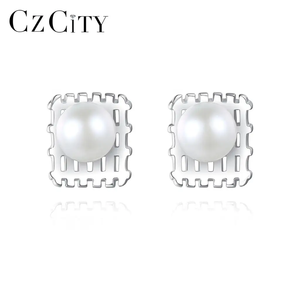 

CZCITY White Natural Pearls Stud Earrings for Women 925 Sterling Silver Fine Jewelry Dating Party Christmas Gifts FE-0282