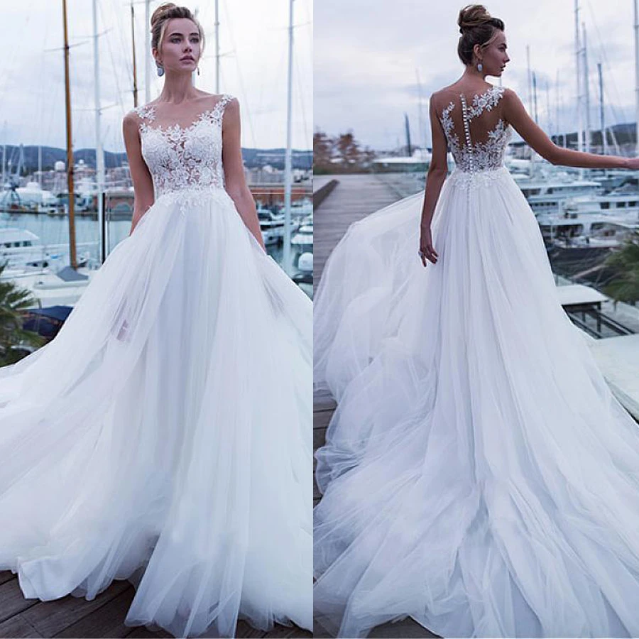 

Fantastic Tulle See Through Applique Lace Jewel Neckline A-line Wedding Dresses Elegant Tulle Bridal Dresses