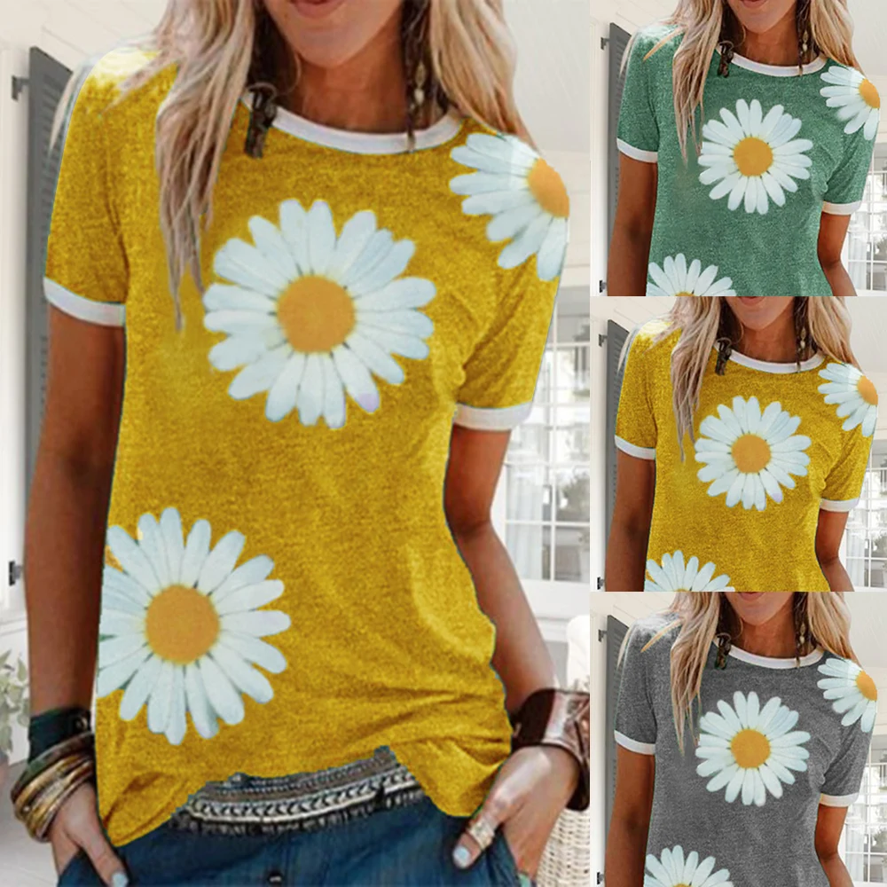 New Daisies Print Women T-Shirt Ladies Shirts O Neck Short Sleeve Tees Summer Female Casual Loose Tee Womens Clothes Q30 | Женская