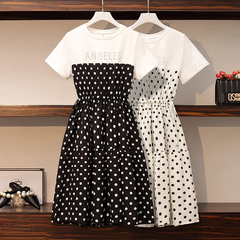 

4XL Plus Size Women Retro Polka Dot Dresses Summer 2021 Diamond Letters Short Sleeve Cotton Patchwork Chiffon Ruffle Loose Dress