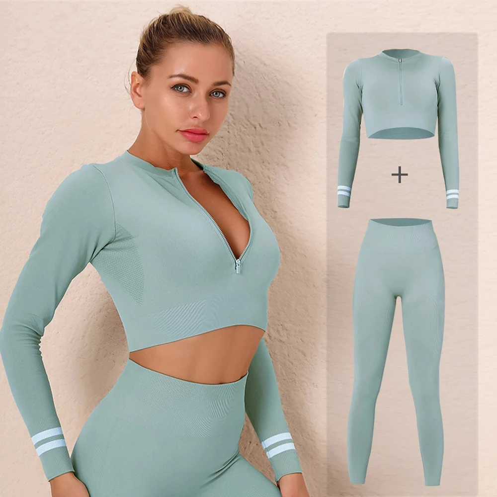 

Бесшовный Женский комплект для йоги, тренировочная спортивная одежда, одежда для спортзала, укороченный топ на молнии с длинным рукавом и л...