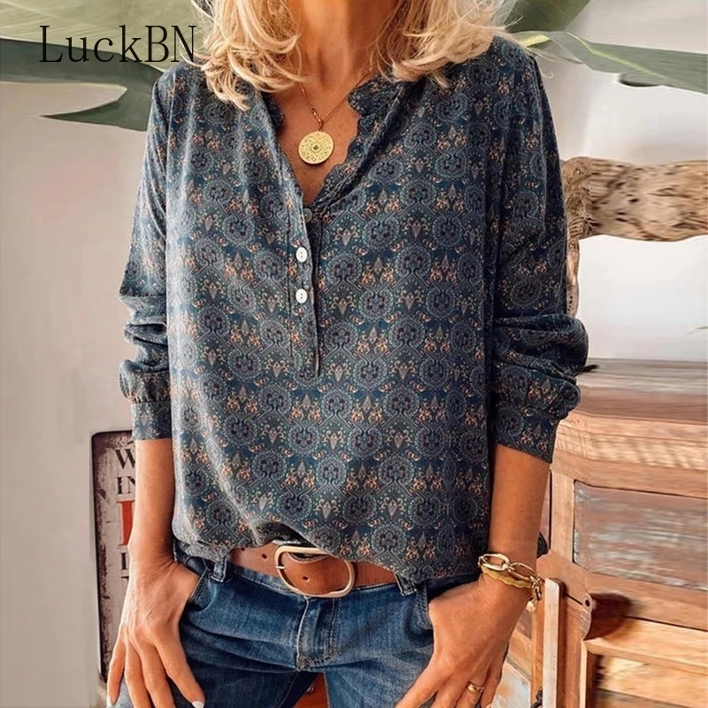 

Весенние блузки для женщин, Ретро стиль, с рисунком, футболка с длинными рукавами и пуговицами для детей; Свободные более Размеры d с v-образн...