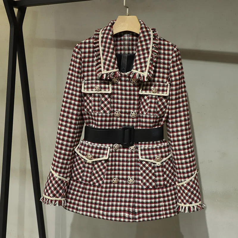 

2021 Autumn France Style Elgant women's Belt coat High Quality Double-breasted plaid overcaot C506